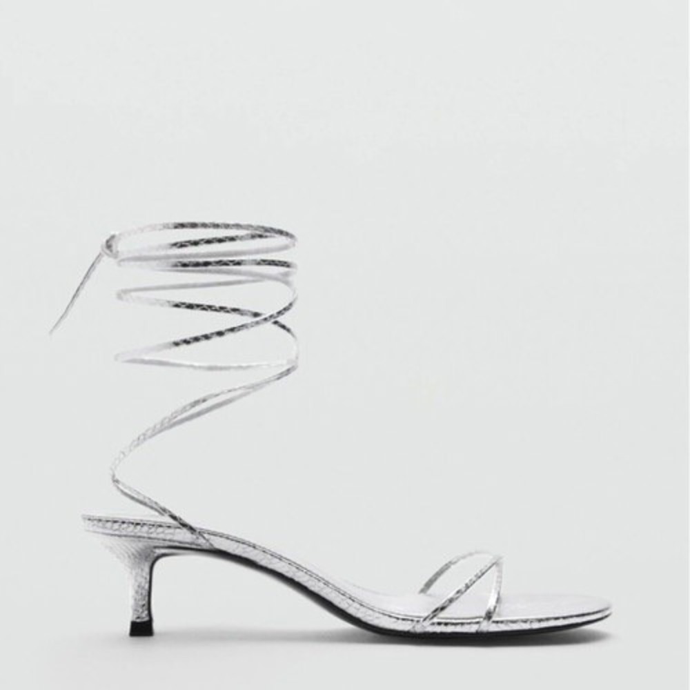MNG by Mango Silver Metallic Lace-Up Strappy Heeled Sandals Size 38